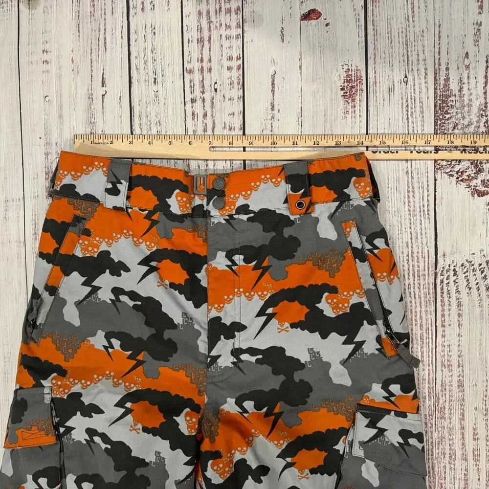 Burton Boys XL Insulated Snowboard Pants Orange Gray Camo Skull Lightning EUC